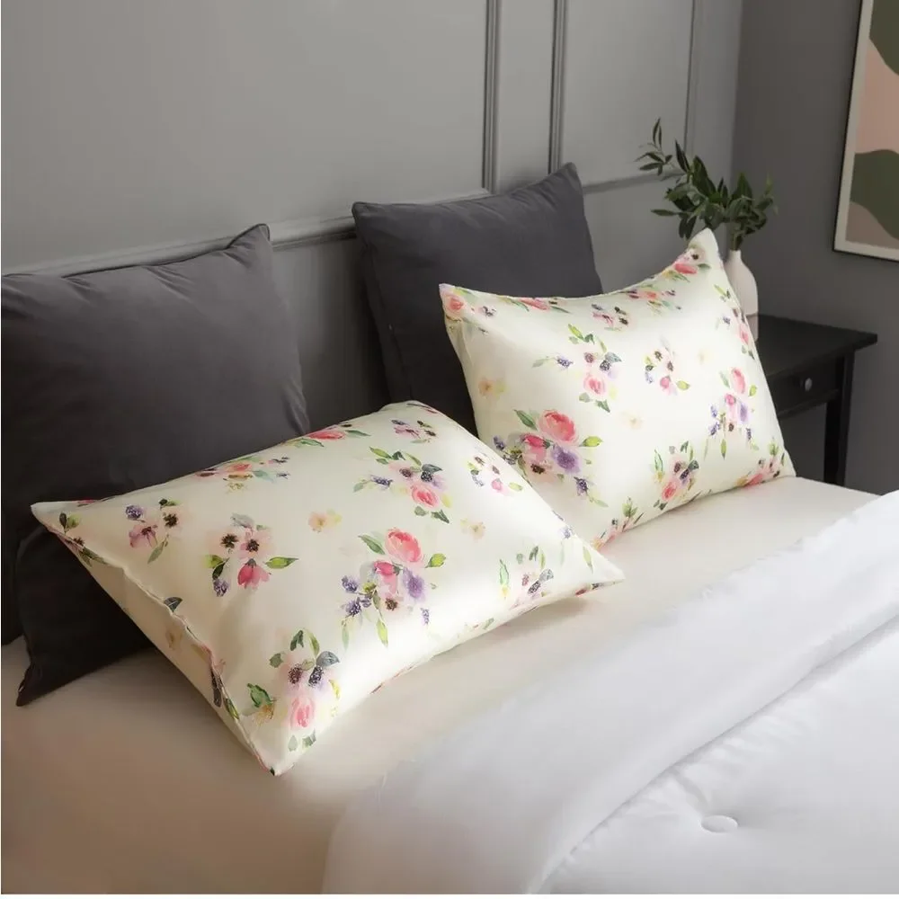 TWO 100% Lyocell NEW 'TELUS' Pillowcases Beige Floral Standard Size Covers